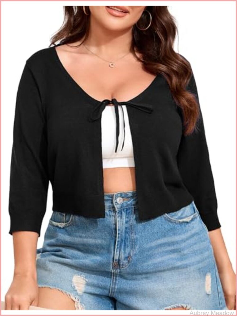 Women's V-Neck Tie Front Shrug 3/4 Sleeve Rib-Knit Cardigan Sweater Crop Top